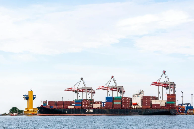 a large container ship sitting on top of a body of water, pexels contest winner, figuration libre, cranes, avatar image, corporate photo, banner