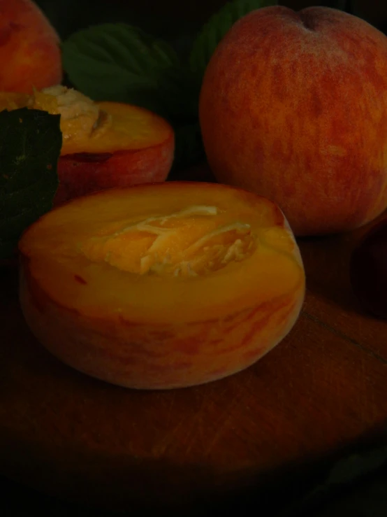 a wooden cutting board topped with sliced peaches, by Jacob Burck, pexels, photorealism, obscured underexposed view, promo image, low detail, autumn