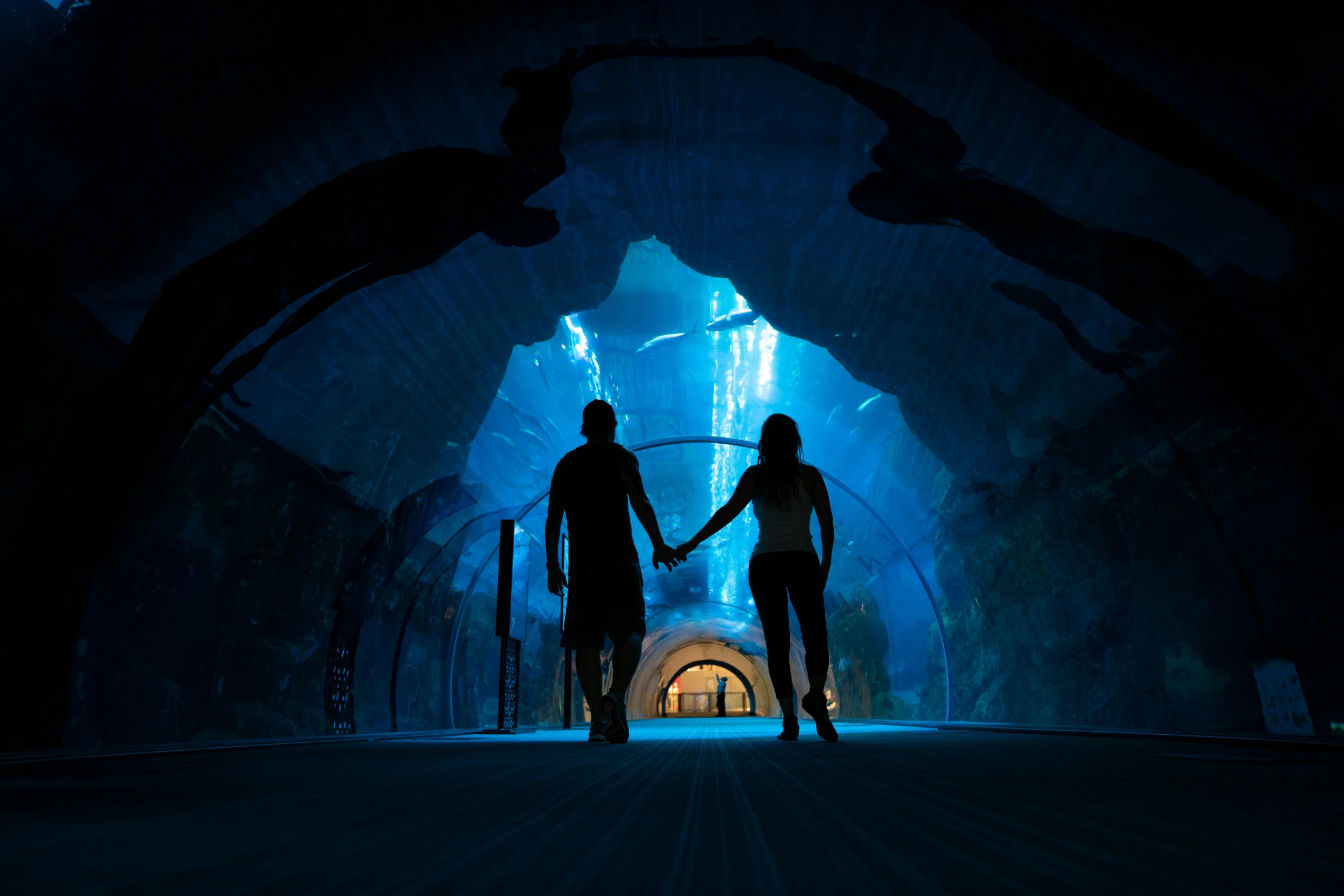 a man and a woman holding hands in a tunnel, atlantis, environment lighting, blue planet still, biodome