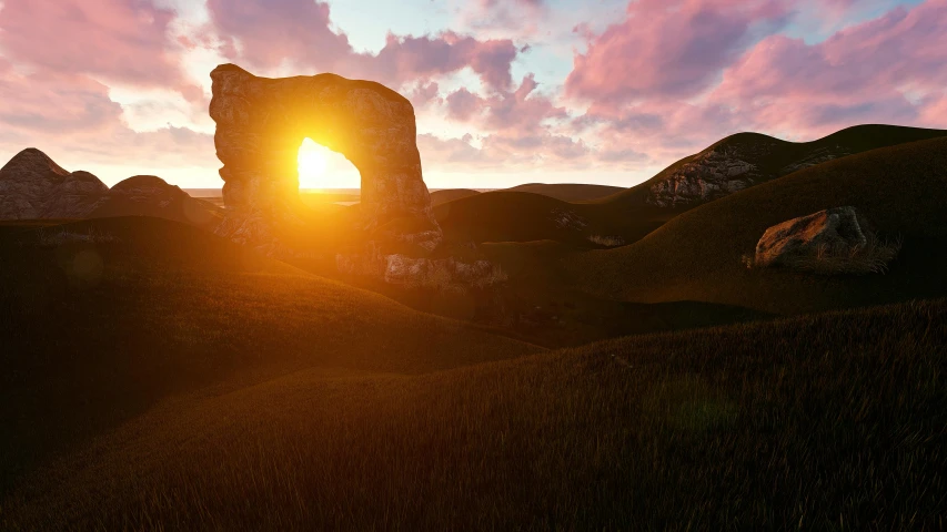 the sun is setting behind a rock formation, by Filip Hodas, renaissance, massive arch, 8 k photorender realityengine, photorealistic screenshot, magic portal in the sky