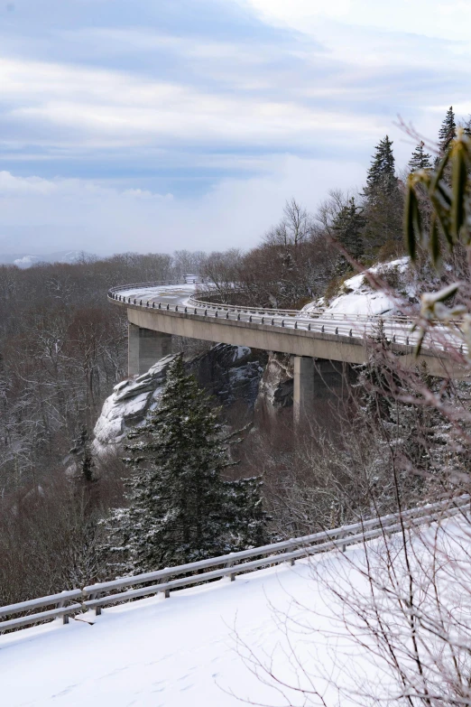 a man riding skis on top of a snow covered slope, curved bridge, unobstructed road, overhanging branches, craggy