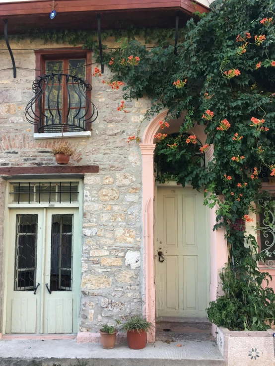 a stone building with a green door and window, pexels contest winner, art nouveau, pink and orange colors, olive trees, iphone photo, wrapped in cables and flowers