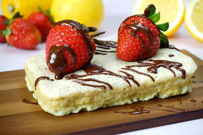 a wooden cutting board topped with strawberries and chocolate, lemon, thumbnail, rectangular, lerapi