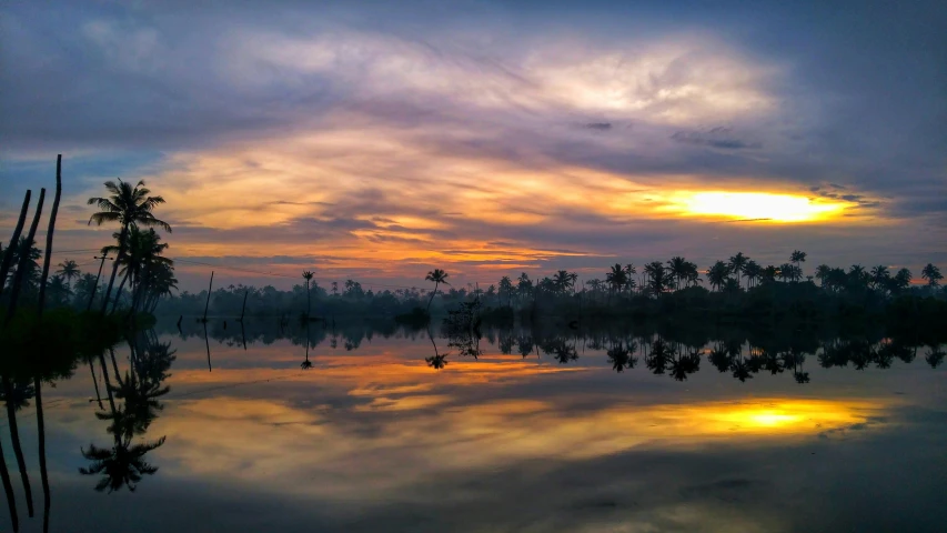 a large body of water surrounded by palm trees, by Daniel Lieske, pexels contest winner, sunset panorama, kerala village, slide show, serene colors