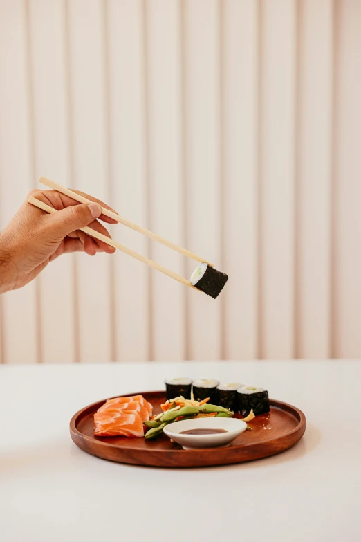 a person holding chopsticks over a plate of sushi, holding a wooden staff, crisp clean shapes, 2019 trending photo