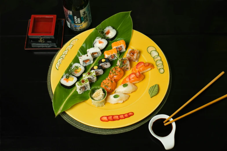 a yellow plate topped with sushi and chopsticks, offering a plate of food, mixed art, yoshitaka, unbeatable quality