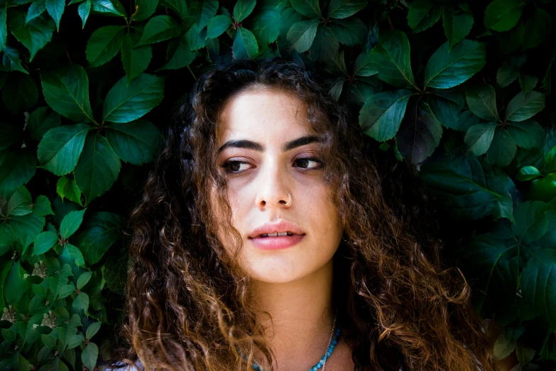 a beautiful young woman standing in front of a bush, inspired by Elsa Bleda, pexels contest winner, middle eastern skin, curls, high angle closeup portrait, israel