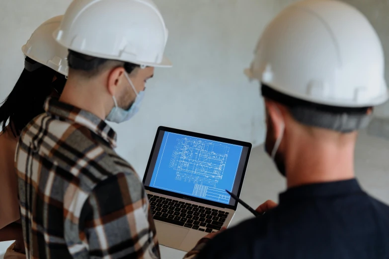 a couple of people that are looking at a laptop, pexels contest winner, renaissance, civil engineer, thumbnail, blue print, profile pic