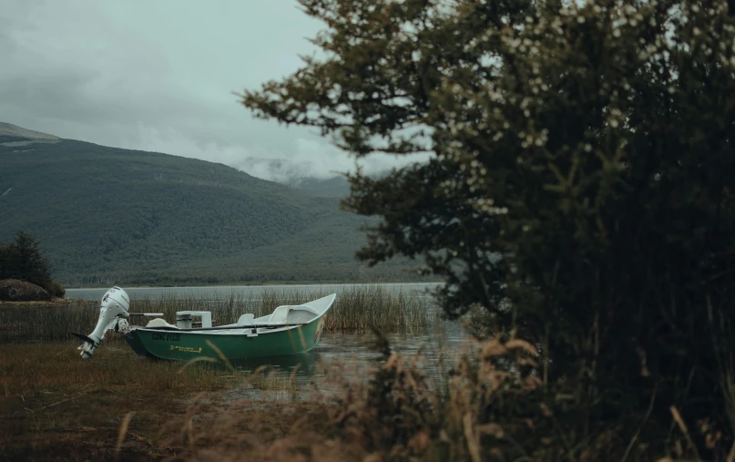 a small green boat sitting on top of a lake, by Elsa Bleda, hurufiyya, 4 k cinematic photo, highlands, conde nast traveler photo, new zealand