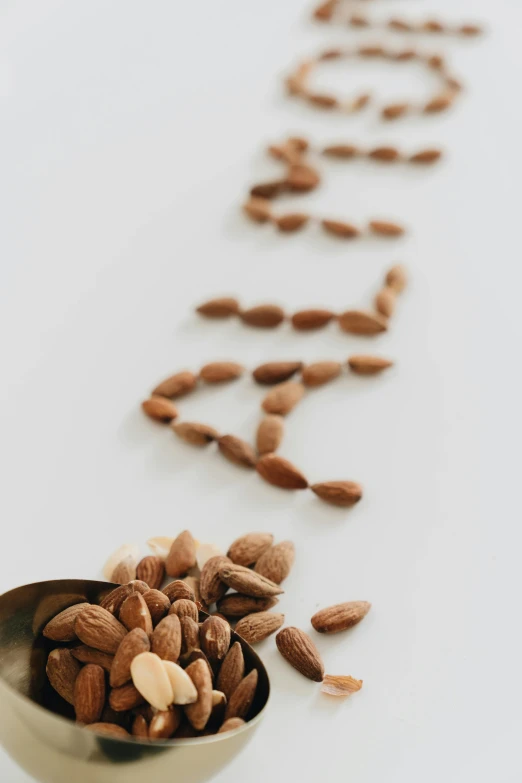 a metal spoon filled with almonds on top of a white table, inspired by Li Di, trending on pexels, words, made of food, organic detail, animation