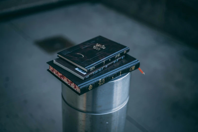 a stack of books sitting on top of a metal trash can, unsplash, cursed baroque with ebony inlay, exterior shot, cinematic full shot, small in size