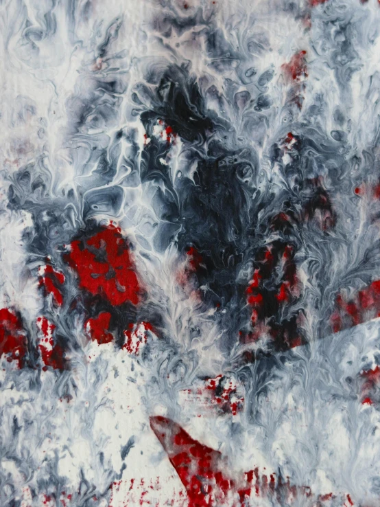an abstract painting of red and grey leaves