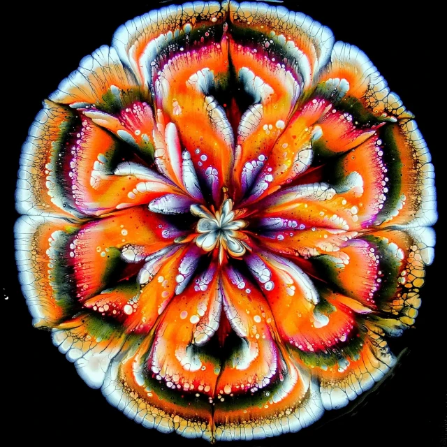 a close up of a flower on a black surface, a microscopic photo, by Howard Mehring, psychedelic art, white and orange breastplate, mandala ornament, beautifully painted, colorful mold