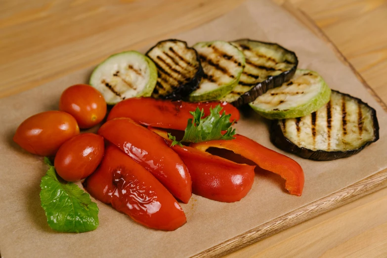 a wooden cutting board topped with sliced vegetables, a picture, by Julia Pishtar, grill, high quality product image”, background image, bizzaro