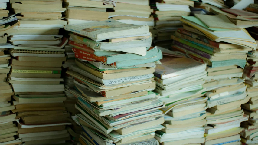 a stack of books sitting on top of each other, an album cover, by Alice Mason, unsplash, arte povera, overflowing with diapers, old scientific documents, book shelves, passages