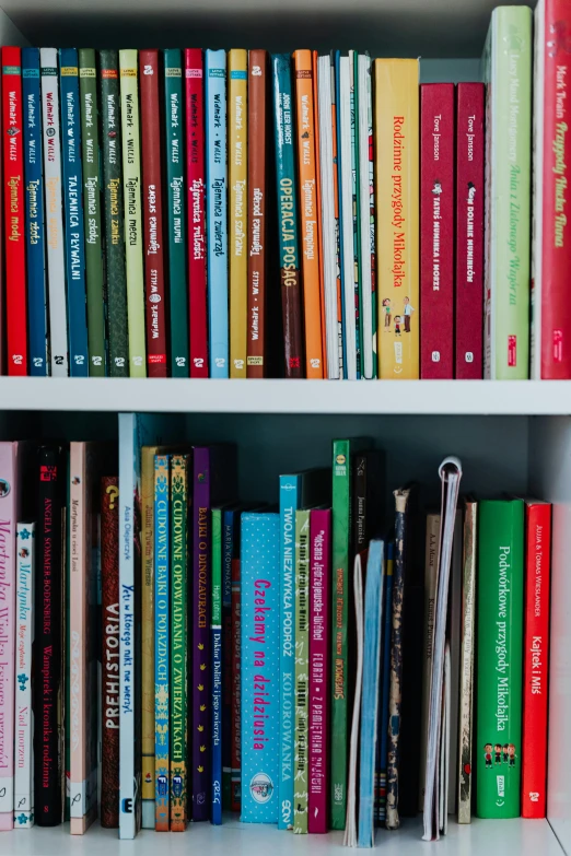 a book shelf filled with lots of books, by Penelope Beaton, private press, multicoloured, detail shot, children's, criterion collection