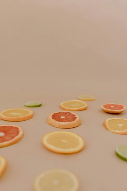 a table topped with slices of oranges and limes, by Henriette Grindat, trending on unsplash, photorealism, toys, rendered in houdini, close-up shot taken from behind, in pastel shades