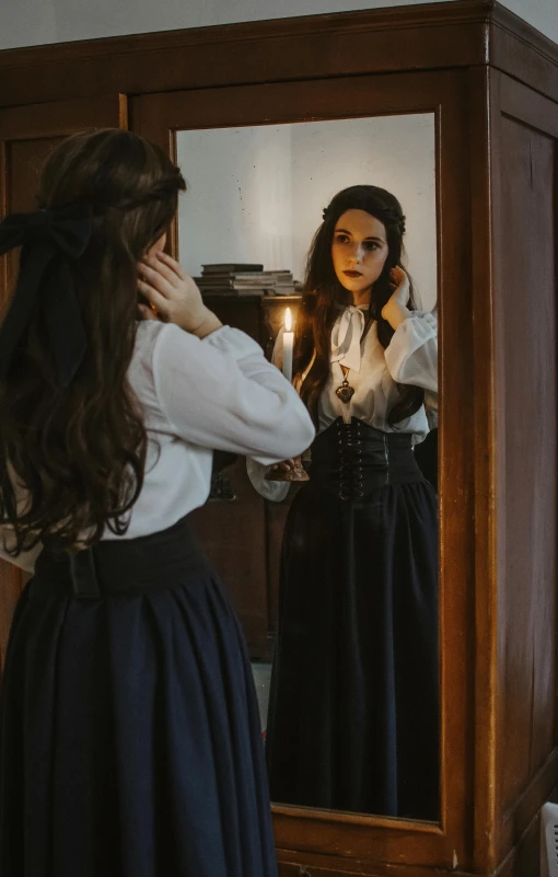 a woman standing in front of a mirror brushing her hair, inspired by Vasily Perov, pexels contest winner, renaissance, school girl in gothic dress, ( ( theatrical ) ), girl under lantern, halloween
