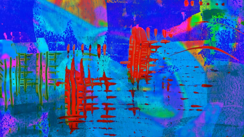 a close up of a painting on a wall, an abstract painting, inspired by Richter, flickr, red and blue neon, colors reflecting on lake, digital art'', cityscape