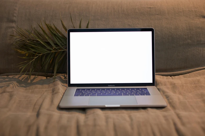 a laptop computer sitting on top of a bed, by Carey Morris, pexels, blank, sitting in a lounge, brown, rectangle