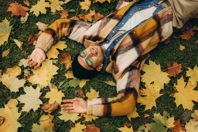 a man laying on the ground surrounded by leaves, by Julia Pishtar, trending on pexels, dressed in 1970s menswear, designed for cozy aesthetics!, flannel, extremely realistic