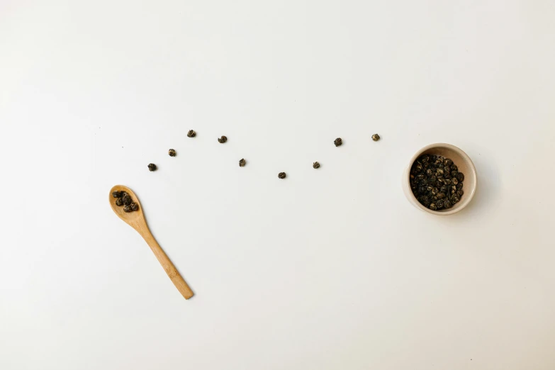 black pepper seeds and a wooden spoon on a white surface, inspired by Hasegawa Tōhaku, minimalism, drinking boba tea, product image, lying scattered across an empty, snail