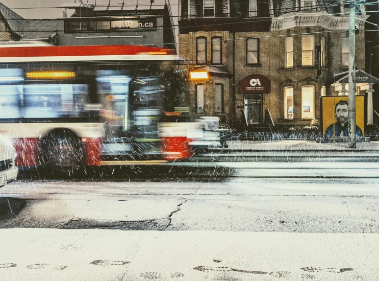 a red and white bus driving down a street, by Carey Morris, pexels contest winner, hyperrealism, snowstorm ::5, toronto city, orange line, mixed art