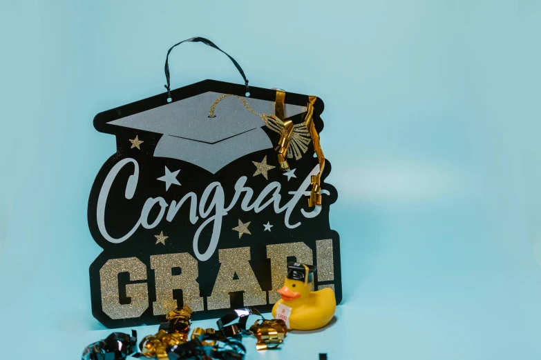 a graduation sign with a rubber duck next to it, a picture, by Julia Pishtar, shutterstock, gold decorations, papercraft, full shot photograph, medium-shot