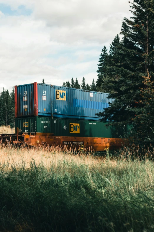 a train traveling down train tracks next to a forest, shipping containers, yeg, felix englund style, 🚿🗝📝