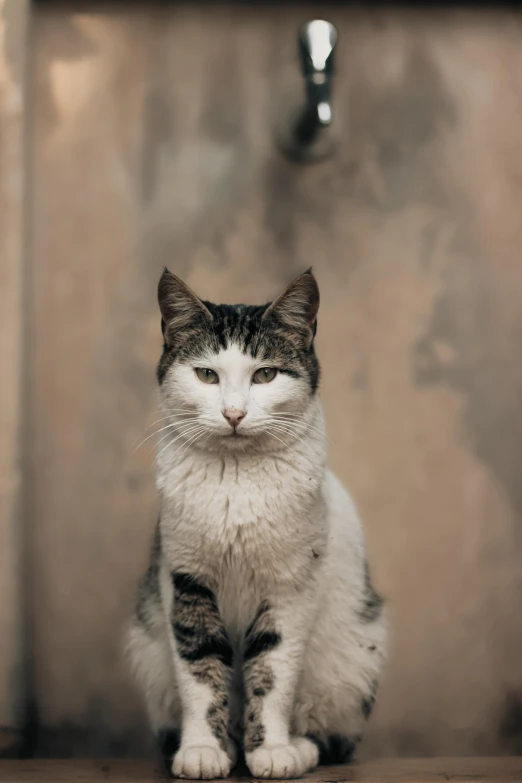 a gray and white cat sitting in front of a sink, by Will Ellis, trending on unsplash, sits on a rooftop, portrait of an old, alessio albi, looking straight into camera