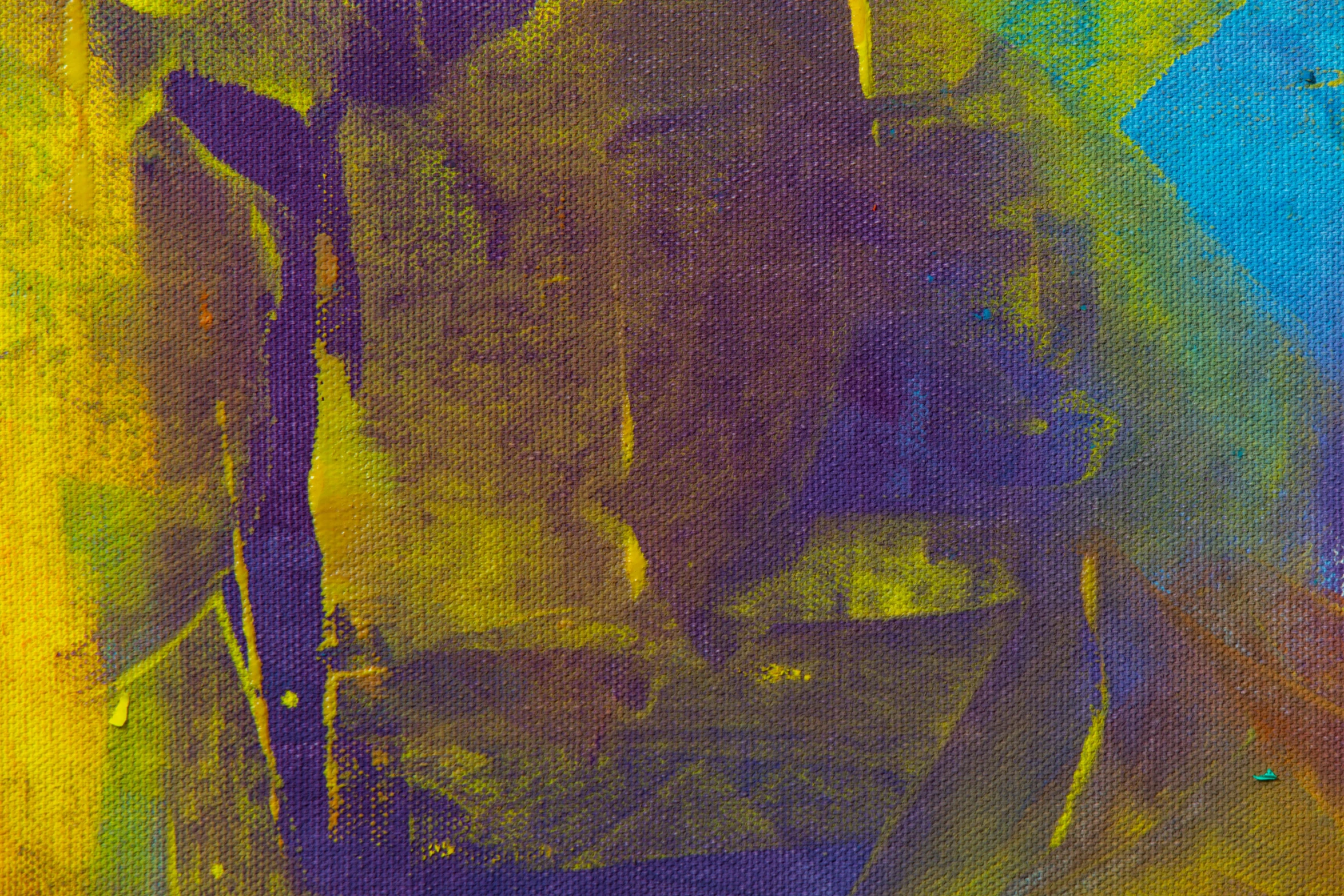 a painting of a man sitting in a chair, inspired by Attila Meszlenyi, flickr, lyrical abstraction, yellow purple green, grainy damaged photo, lacquer on canvas, 1 2 0 0 dpi scan