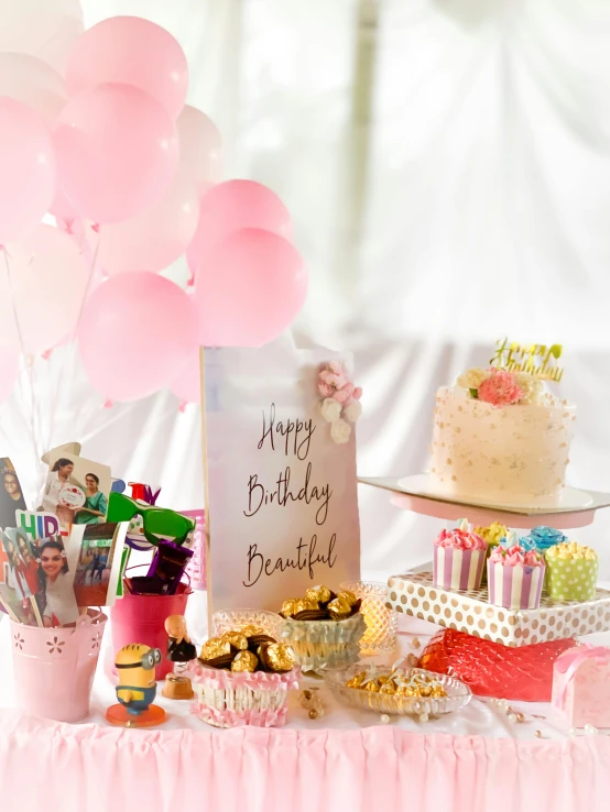 a table topped with lots of pink and white balloons, a picture, pexels contest winner, birthday card, product introduction photo, ((oversaturated)), foil