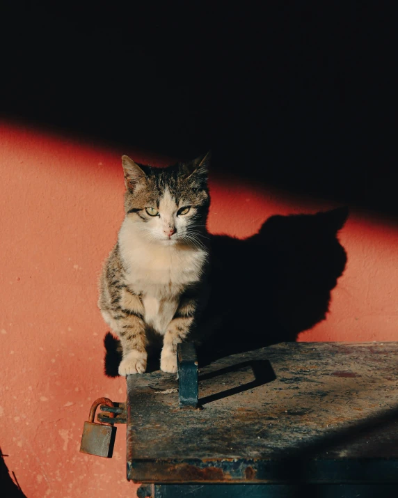 a cat sitting on top of a wooden table, by Elsa Bleda, unsplash, sun and shadow, on a red background, on a rooftop, pouting