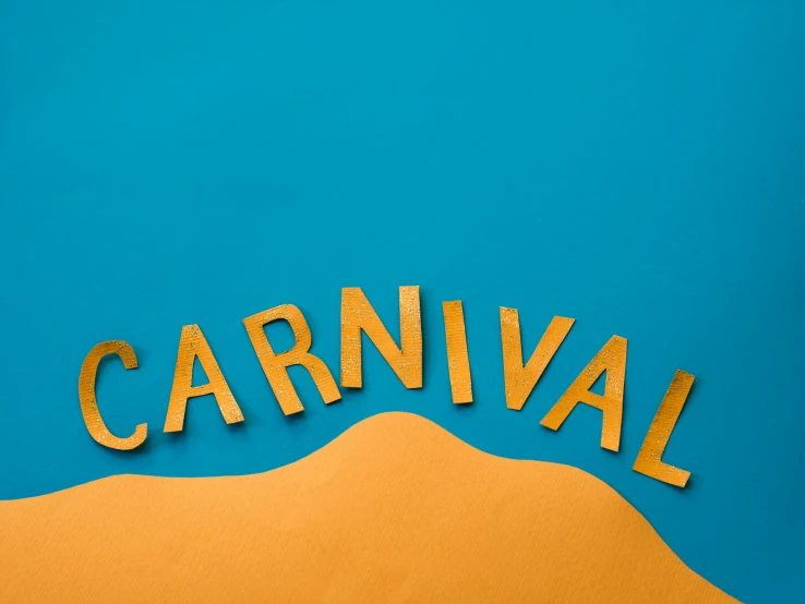 a sign that says carnival on a blue background, trending on unsplash, cut out of cardboard, orange and yellow costume, background image, caravan