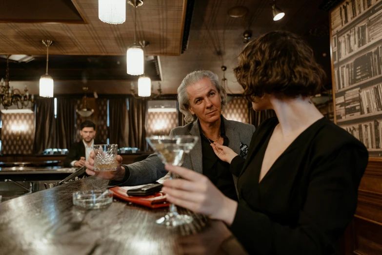 a man and a woman sitting at a bar, pexels contest winner, xqc, speakeasy, thumbnail, tense