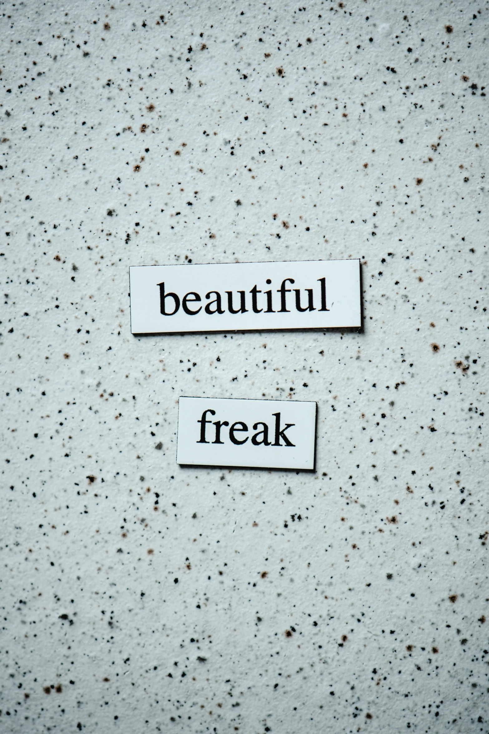 two pieces of paper that say beautiful and freak, by Kev Walker, trending on pexels, aestheticism, enamel, concrete poetry, beautiful girlfriend, cracks