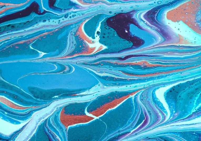 a close up of a painting with blue and red paint, inspired by Jules Olitski, trending on pexels, paper marbling, sea foam, orange and turquoise and purple, aerial iridecent veins