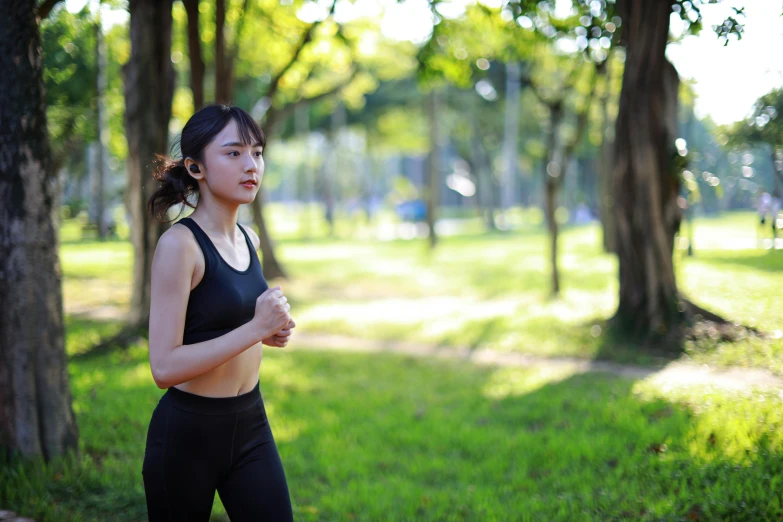 a woman running in a park on a sunny day, unsplash, renaissance, south east asian with long, avatar image, cottagecore!! fitness body, girls