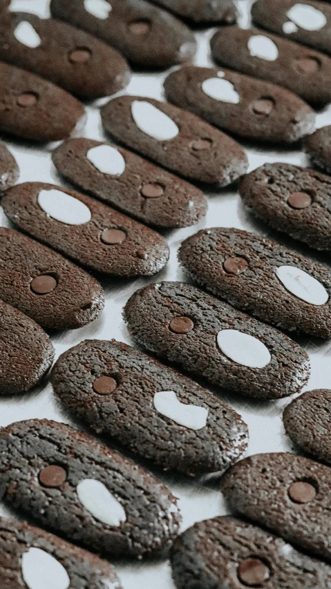 a bunch of cookies sitting on top of a table, an album cover, inspired by Károly Brocky, pexels, oval eyes, stippling dots, dark brown, in a row