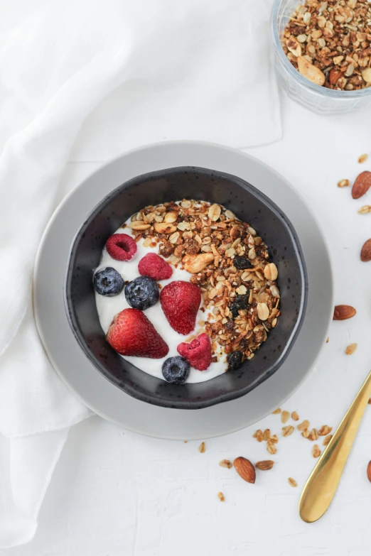 a bowl of yogurt topped with berries and nuts, a portrait, inspired by Louise Abbéma, trending on pexels, dau-al-set, grey, high angle, petite, iron