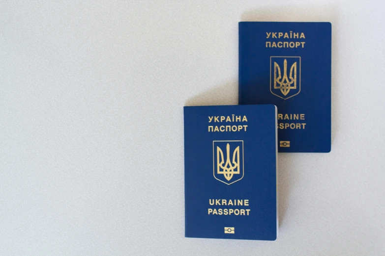 two passports sitting next to each other on a white surface, by Julia Pishtar, ukrainian flag on the left side, on a gray background, title, blueprint