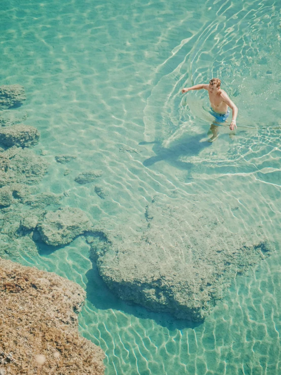 a man swimming in clear, blue water with rocks in the background