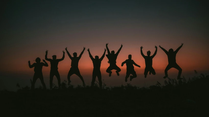 a group of people jumping in the air, by Jesper Knudsen, pexels contest winner, evening mood, avatar image, friendship, background image