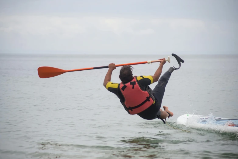 a man riding a paddle board on top of a body of water, happening, flying on the broom, gofl course and swimming, striking a pose, kakejiku