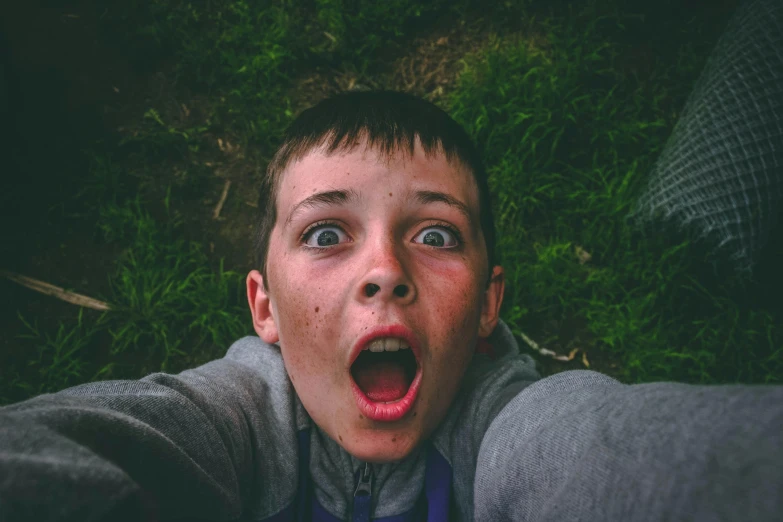a young boy with a surprised look on his face, a picture, pexels contest winner, happening, instagram selfie, people screaming, avatar image, extreme foreshortening