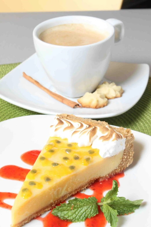 a piece of pie on a plate next to a cup of coffee, passion fruits, chambliss giobbi, thumbnail, deluxe