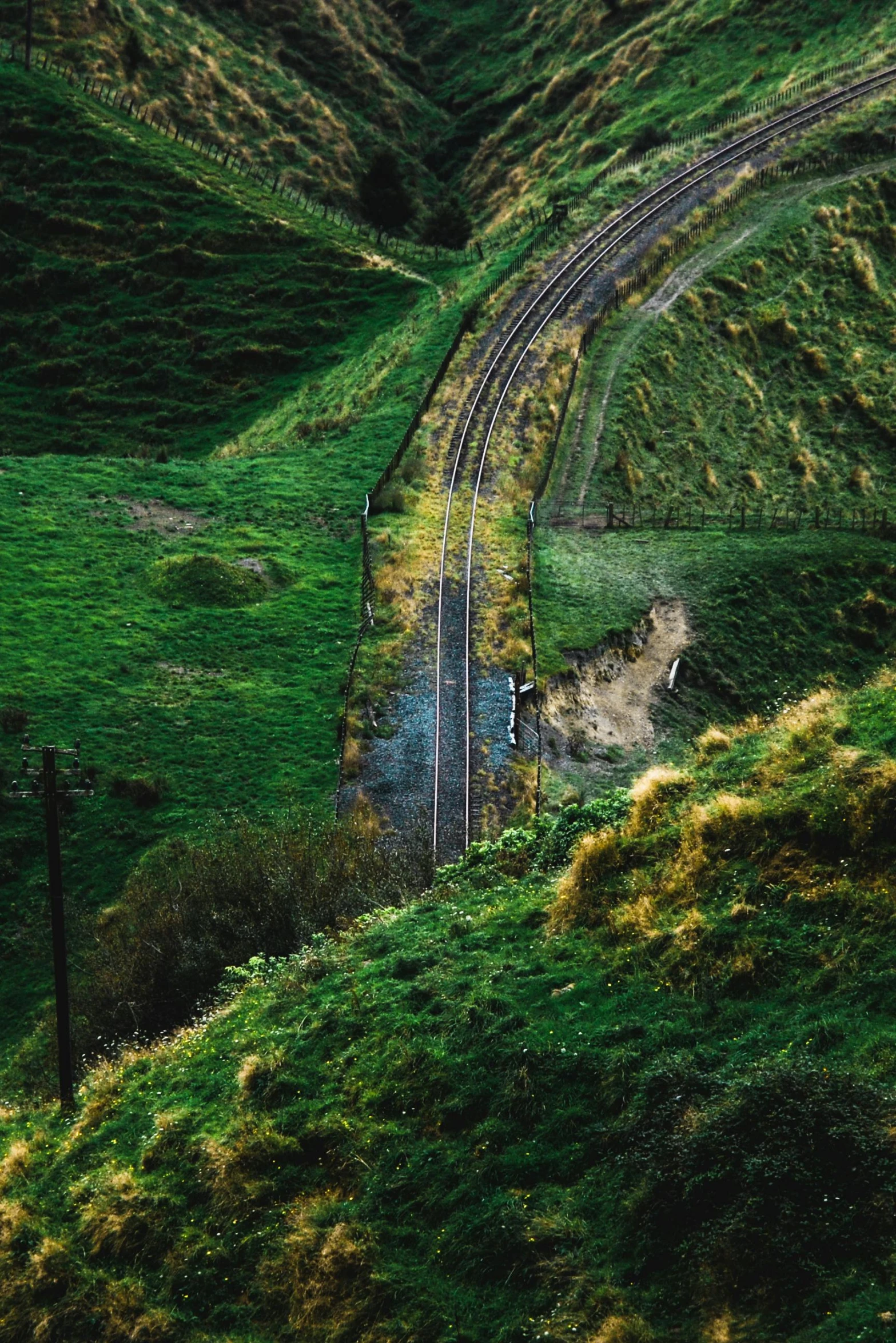 a train traveling through a lush green hillside, an album cover, pexels contest winner, landslide road, te pae, top down perspecrive, cinematic image