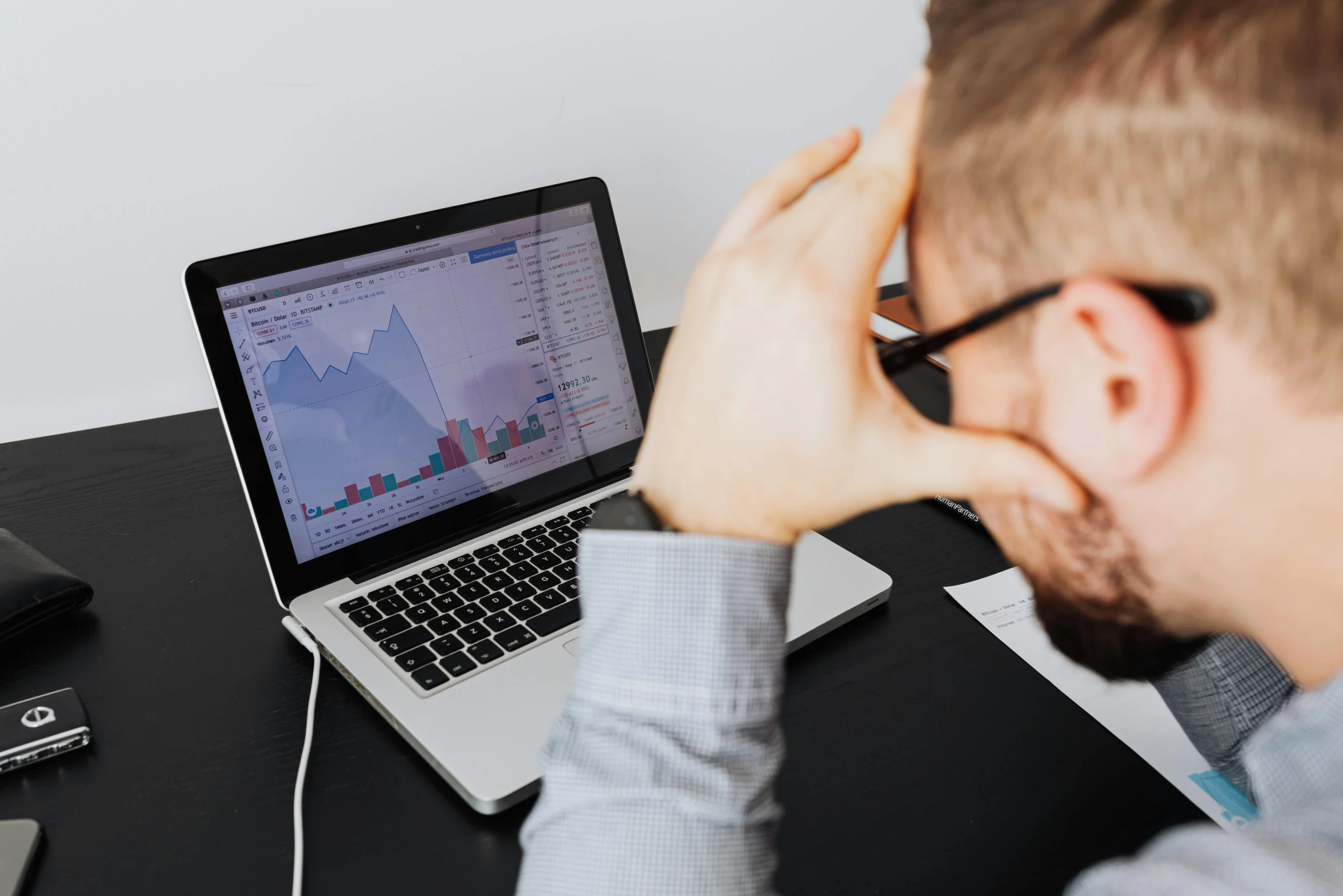 a man sitting in front of a laptop computer, trending on pexels, analytical art, disappointed, power bi dashboard, avatar image