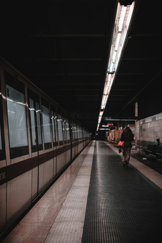 a subway station with people walking on the platform, a picture, by Alejandro Obregón, unsplash contest winner, lone person in the distance, 🚿🗝📝, very low light, square