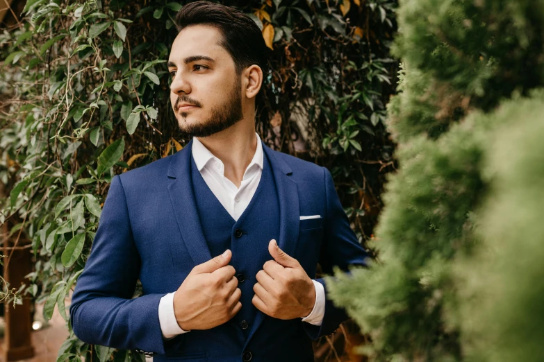 a man in a blue suit and white shirt, inspired by Ramon Pichot, pexels contest winner, avatar image, groom, 3 - piece, khyzyl saleem